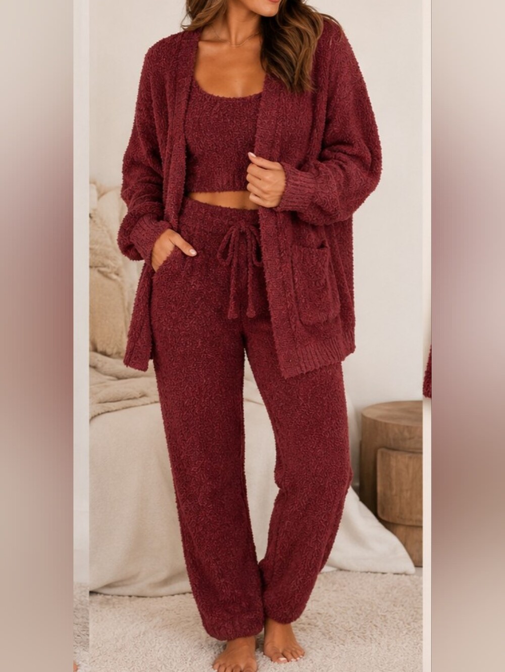 Pleshy Cozy 4 Piece Lounge Set Burgundy Eyelash Knit Cardigan Shorts Pants S